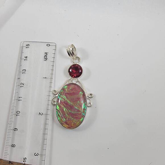 Pink Fire Opal Pendant – With Red Garnet Accents + 20" Sterling Silver Chain - Picture 10 of 10